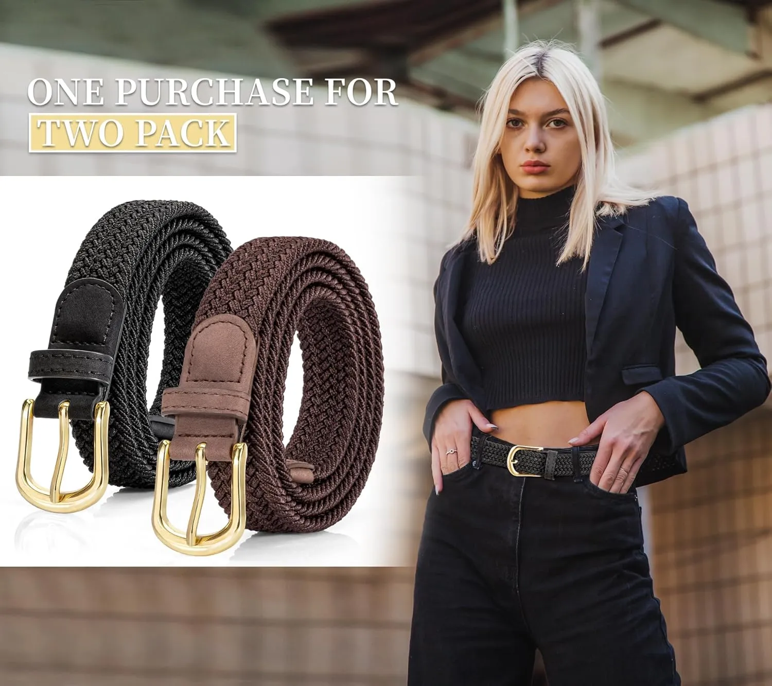 2 Pack Braided Belt for Women, Elastic Woven Stretch Fabric Cloth Belt with Gold Buckle