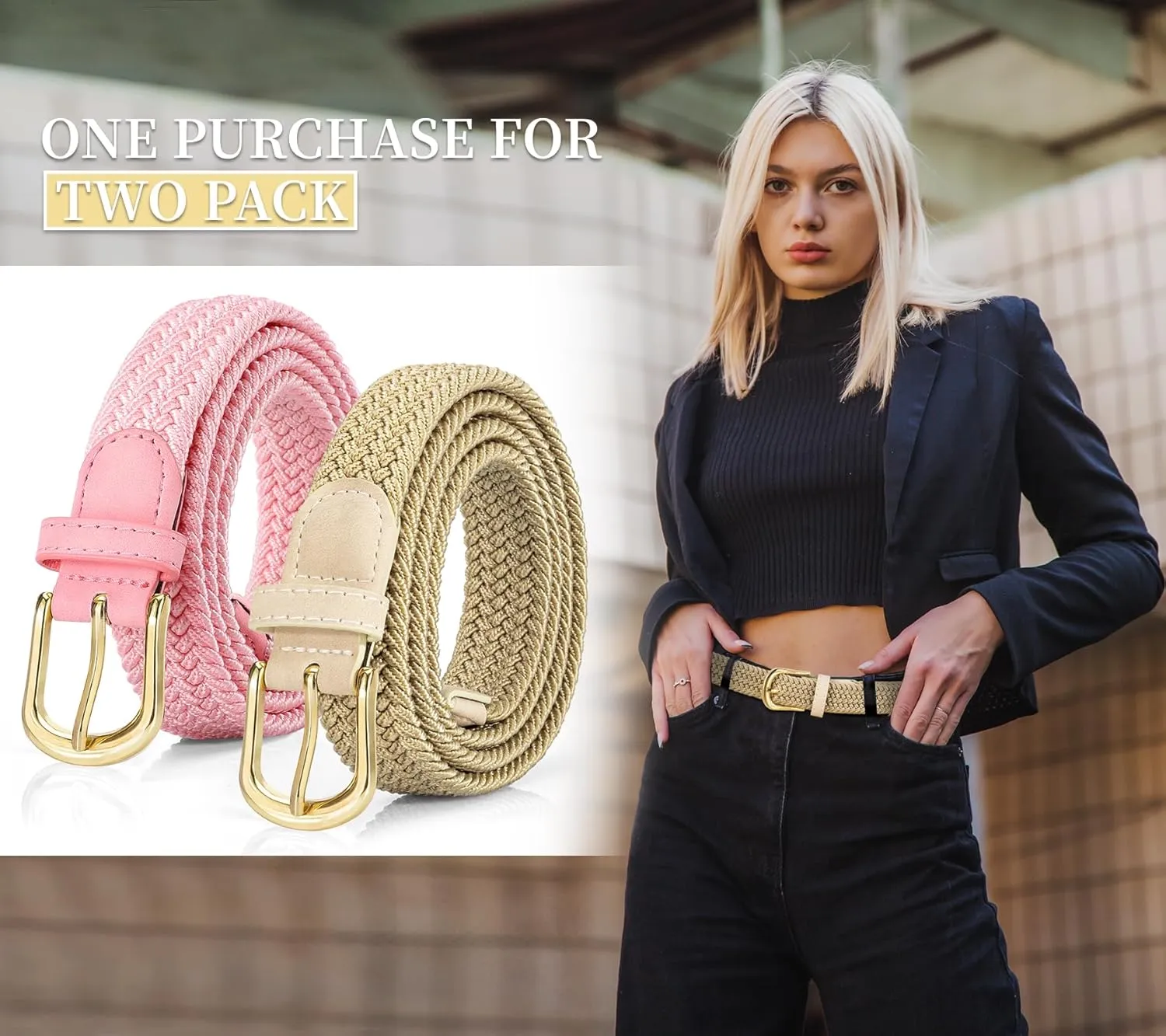 2 Pack Braided Belt for Women, Elastic Woven Stretch Fabric Cloth Belt with Gold Buckle