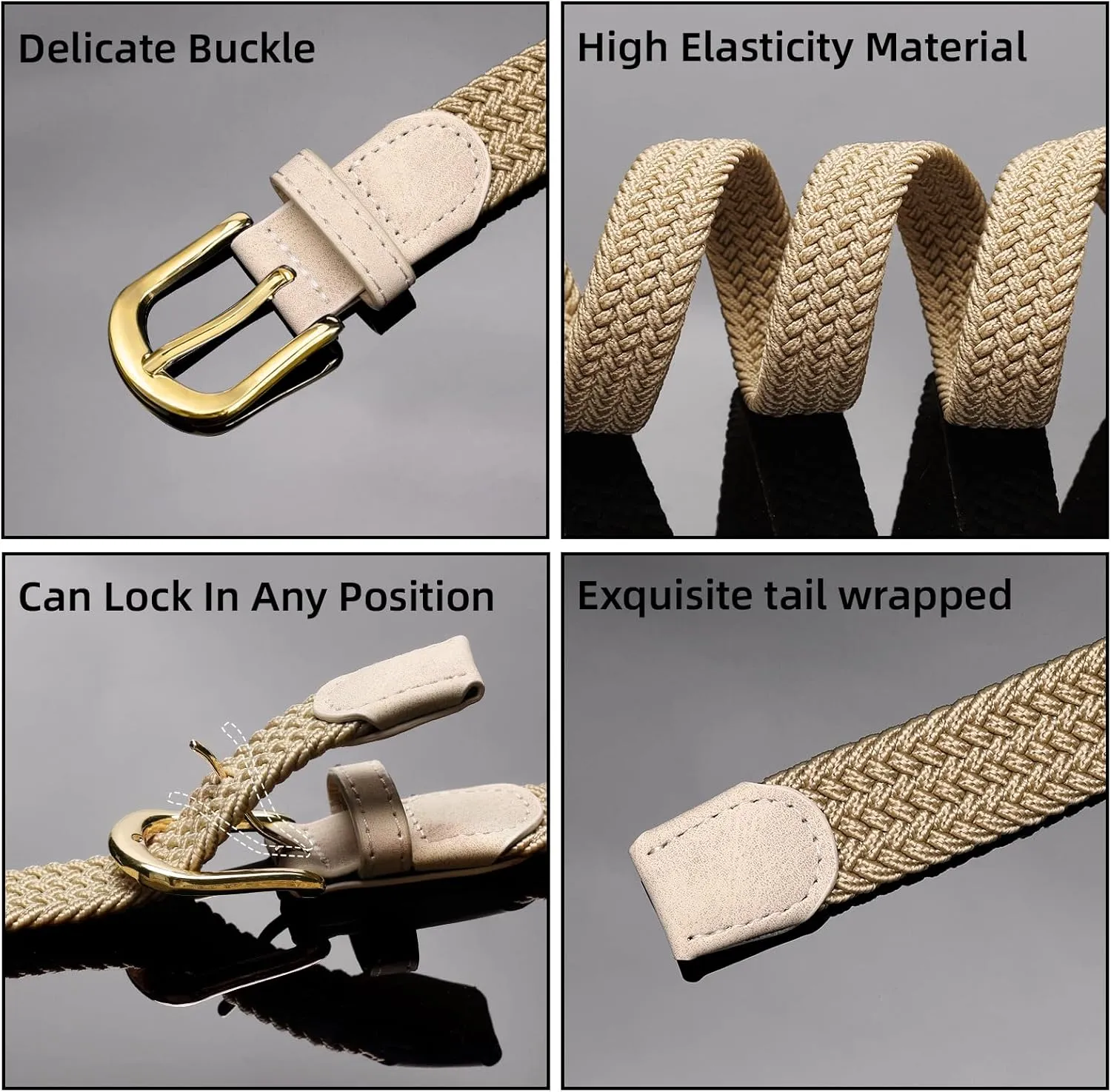 2 Pack Braided Belt for Women, Elastic Woven Stretch Fabric Cloth Belt with Gold Buckle