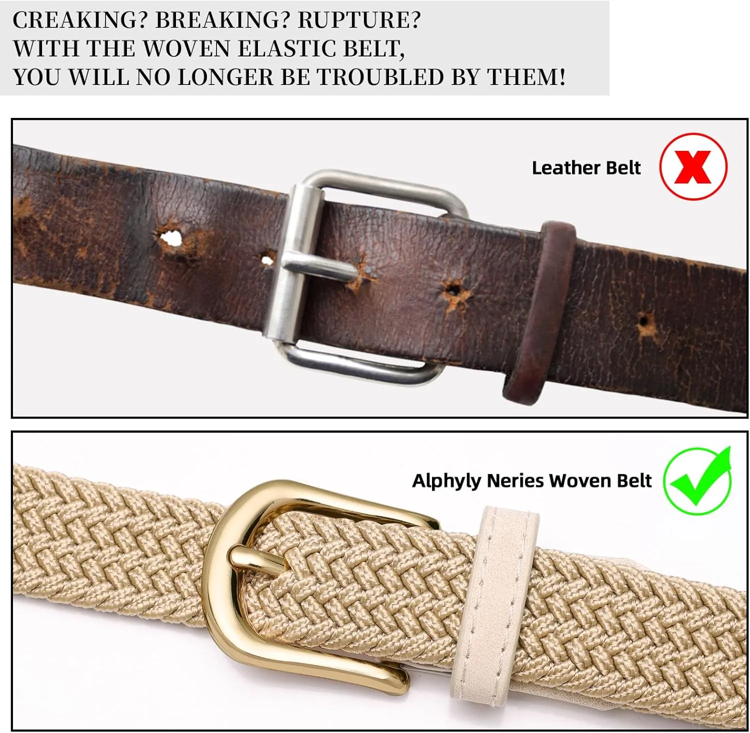2 Pack Braided Belt for Women, Elastic Woven Stretch Fabric Cloth Belt with Gold Buckle