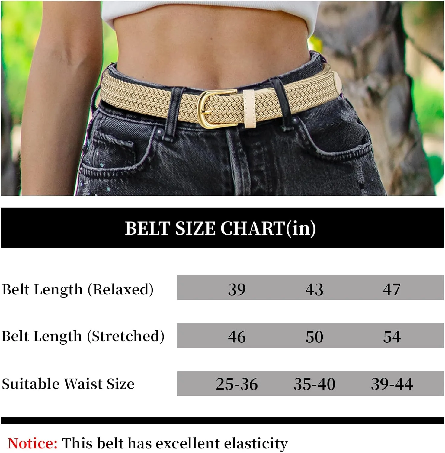 2 Pack Braided Belt for Women, Elastic Woven Stretch Fabric Cloth Belt with Gold Buckle