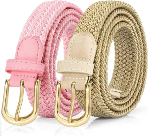 2 Pack Braided Belt for Women, Elastic Woven Stretch Fabric Cloth Belt with Gold Buckle