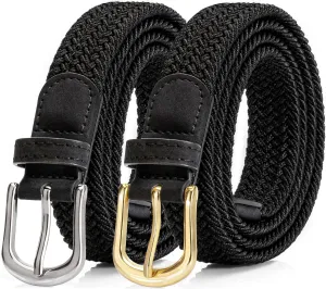 2 Pack Braided Belt for Women, Elastic Woven Stretch Fabric Cloth Belt with Gold Buckle