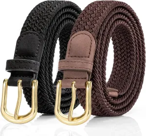 2 Pack Braided Belt for Women, Elastic Woven Stretch Fabric Cloth Belt with Gold Buckle