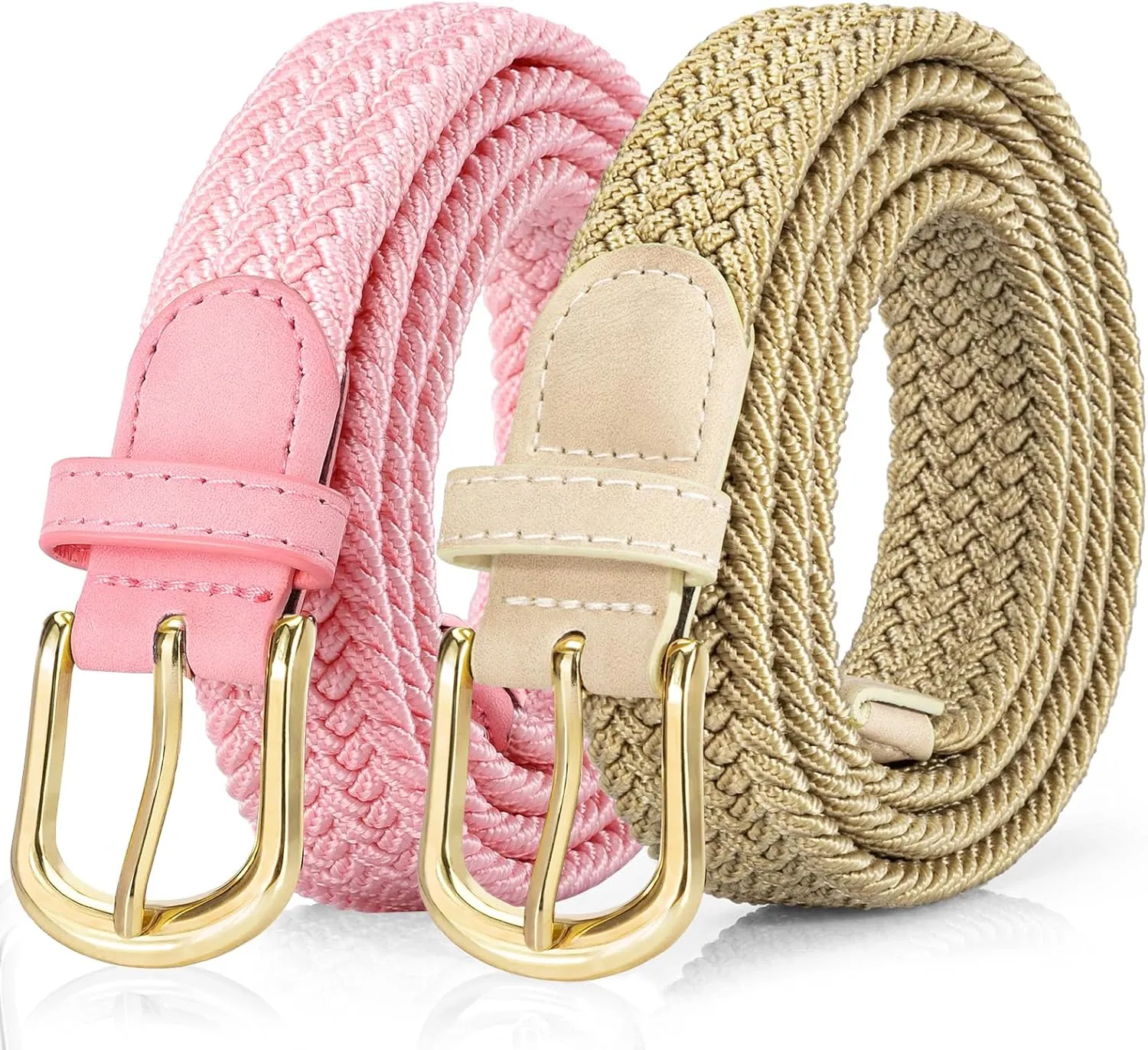 2 Pack Braided Belt for Women, Elastic Woven Stretch Fabric Cloth Belt with Gold Buckle
