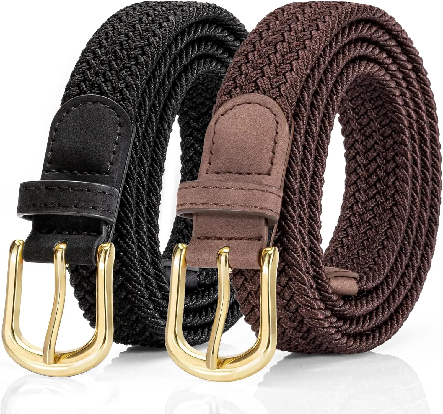 2 Pack Braided Belt for Women, Elastic Woven Stretch Fabric Cloth Belt with Gold Buckle