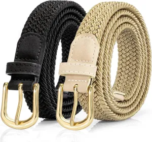 2 Pack Braided Belt for Women, Elastic Woven Stretch Fabric Cloth Belt with Gold Buckle