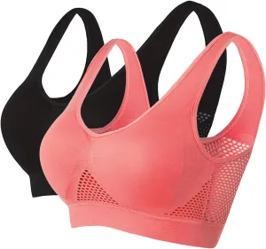 2 Pack Womens Sports Bras, Full Coverage Push Up Yoga Everyday Bra Seamless Wireless Breathable Supportive Bra