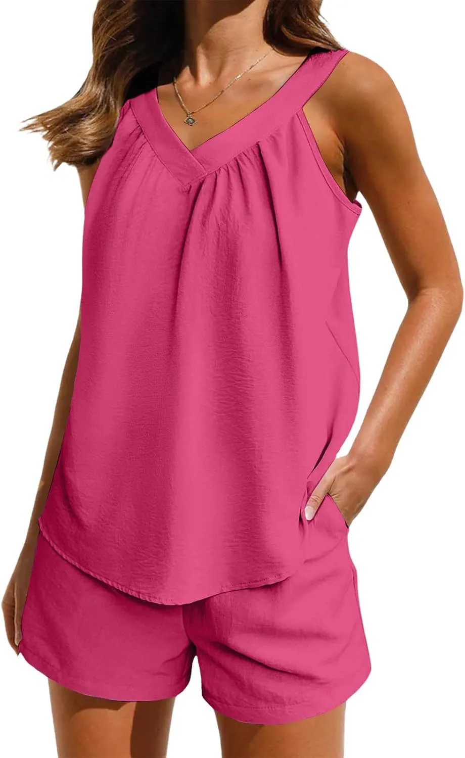 2 Piece Lounge Sets for Women Soft Comfy Pajama V Neck Cami Pj Shorts Set with Pocket Summer Camisole Cute Sleepwear