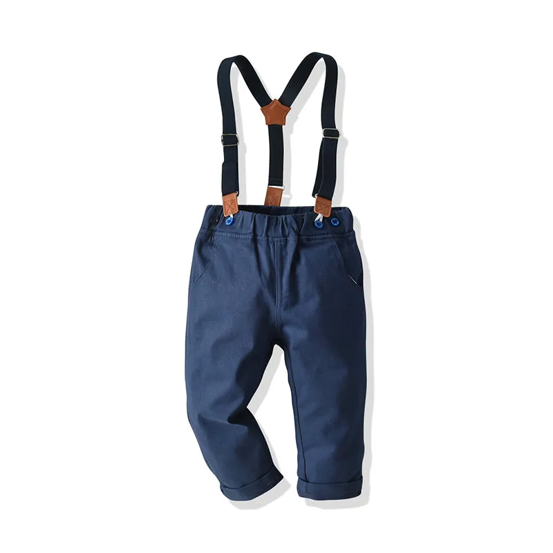 2 Pieces Set Baby Kid Boys Birthday Party Checked Bow Shirts And Solid Color Jumpsuits Wholesale 21110979