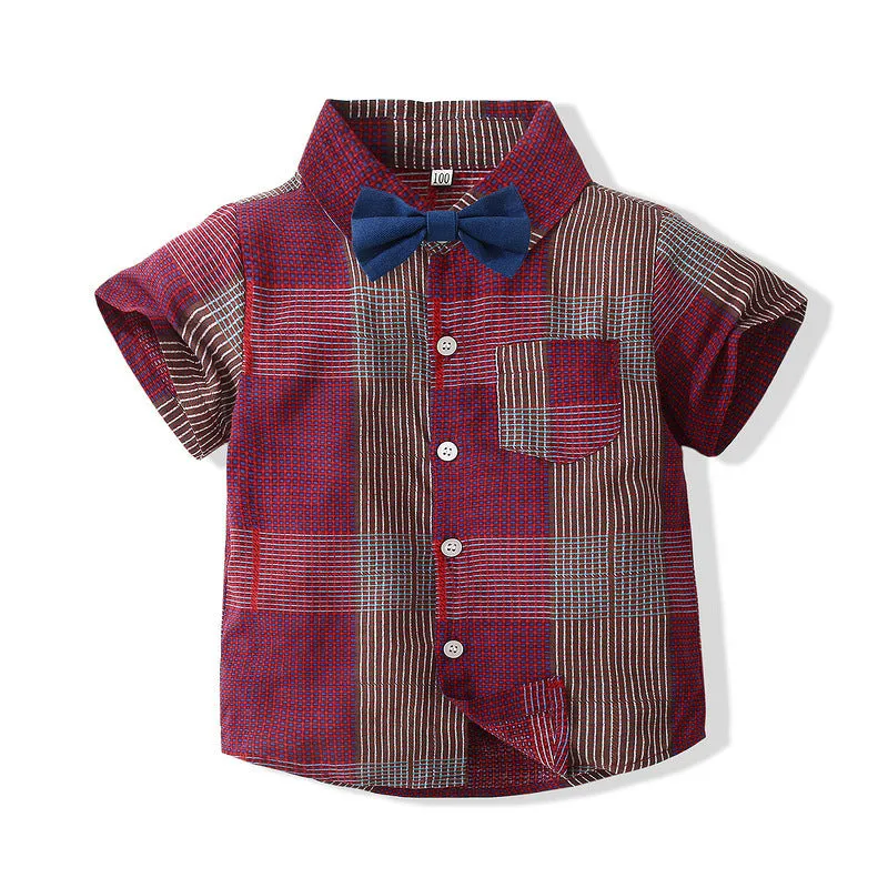 2 Pieces Set Baby Kid Boys Birthday Party Checked Bow Shirts And Solid Color Rompers Wholesale 221216225