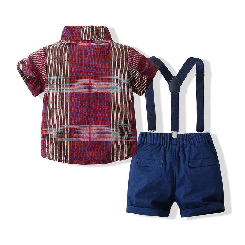 2 Pieces Set Baby Kid Boys Birthday Party Checked Bow Shirts And Solid Color Rompers Wholesale 221216225