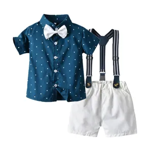 2 Pieces Set Baby Kid Boys Birthday Party Polka dots Bow Shirts And Color-blocking Rompers Wholesale 22121463