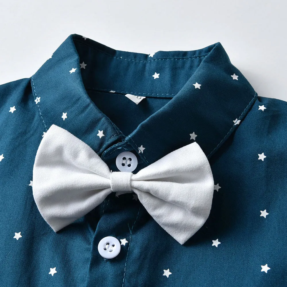 2 Pieces Set Baby Kid Boys Birthday Party Polka dots Bow Shirts And Color-blocking Rompers Wholesale 22121463
