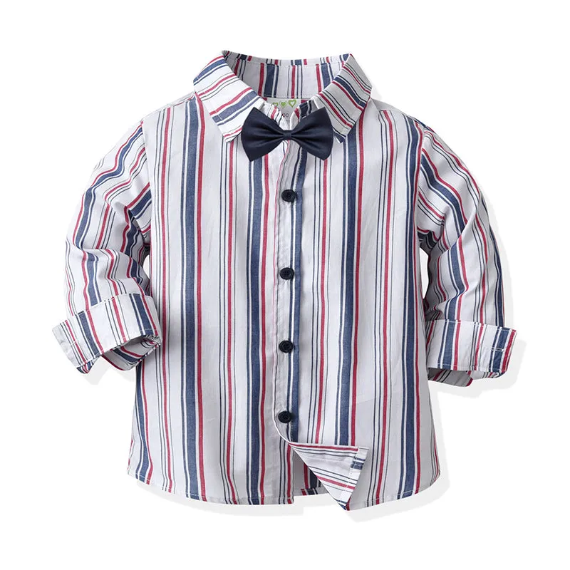 2 Pieces Set Baby Kid Boys Birthday Party Striped Bow Shirts And Solid Color Jumpsuits Wholesale 21110950