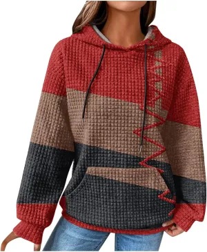 2024 Womens Waffle Hoodies Multicolored Casual Trendy Sweatshirt with Drawstring Hood Long Sleeve Pullover Sweater