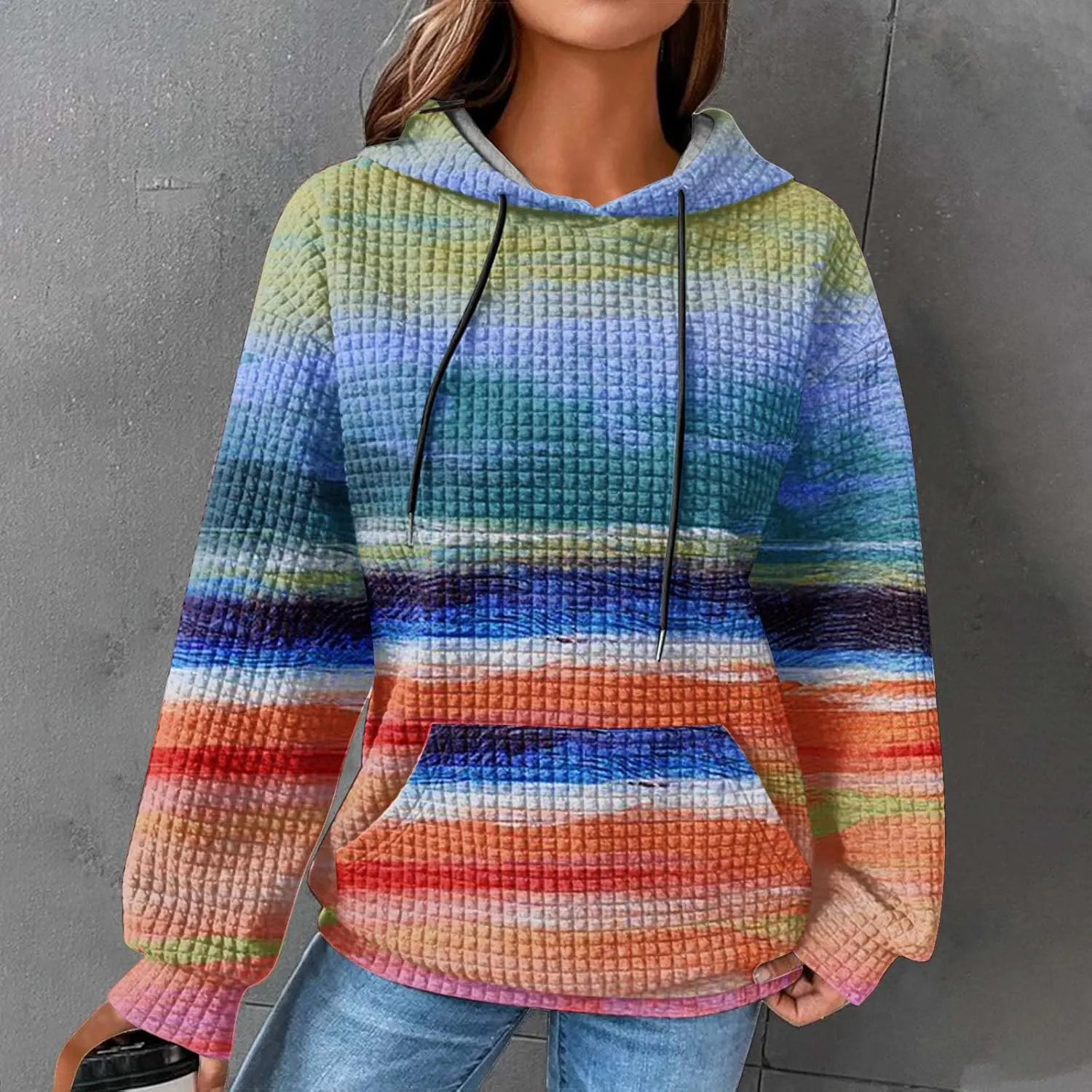 2024 Womens Waffle Hoodies Multicolored Casual Trendy Sweatshirt with Drawstring Hood Long Sleeve Pullover Sweater