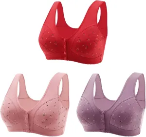 3 Pack Daisy Bras Womens Front Button Snaps Closure Wireless Bralettes Older Women Full Coverage Bras Comfy Sl