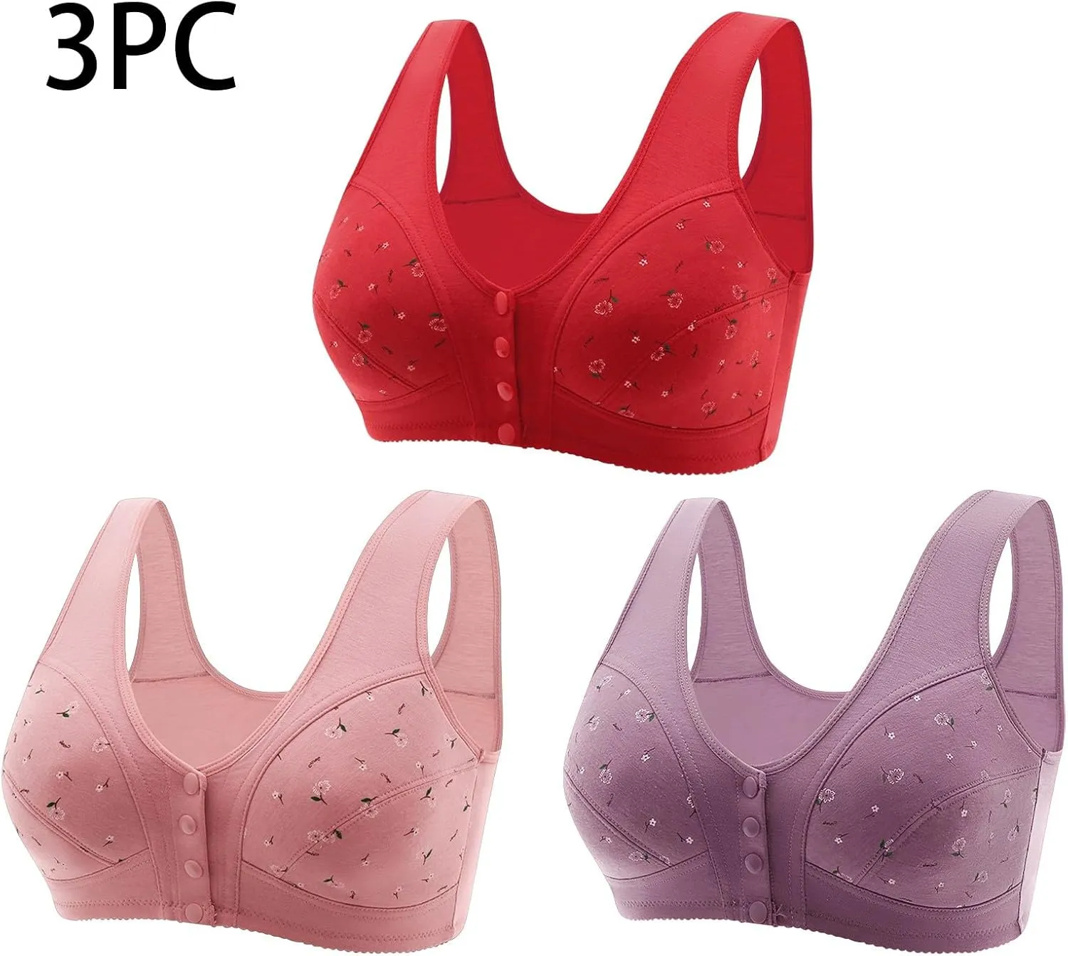 3 Pack Daisy Bras Womens Front Button Snaps Closure Wireless Bralettes Older Women Full Coverage Bras Comfy Sl