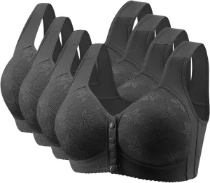 4 Pack Daisy Bras for Older Women No Underwire Full Coverage Front Closure Senior Cotton Bra Push Up Padded Bralettes