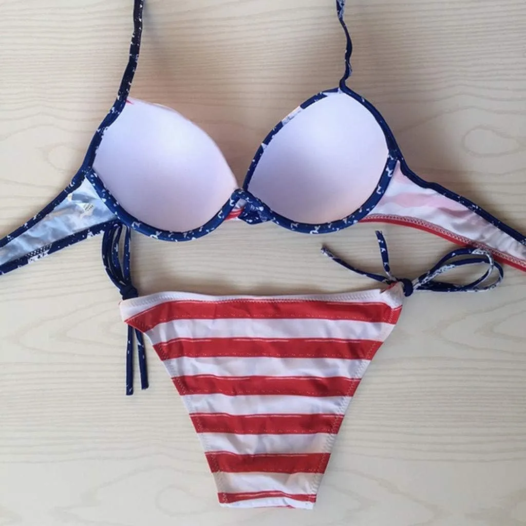 4th of July Women Bikinis Two Piece Set American Flag Print One Piece Bathing Suit Tummy Control Triangle Bikini Thong