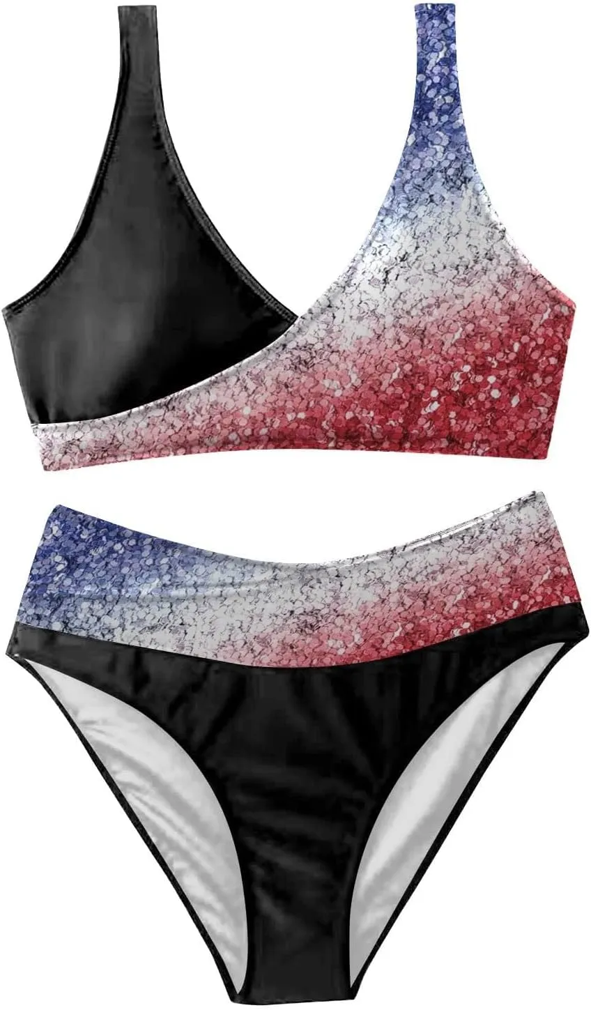 4th of July Women Bikinis Two Piece Set American Flag Print One Piece Bathing Suit Tummy Control Triangle Bikini Thong