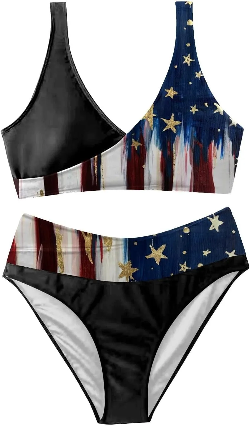 4th of July Women Bikinis Two Piece Set American Flag Print One Piece Bathing Suit Tummy Control Triangle Bikini Thong