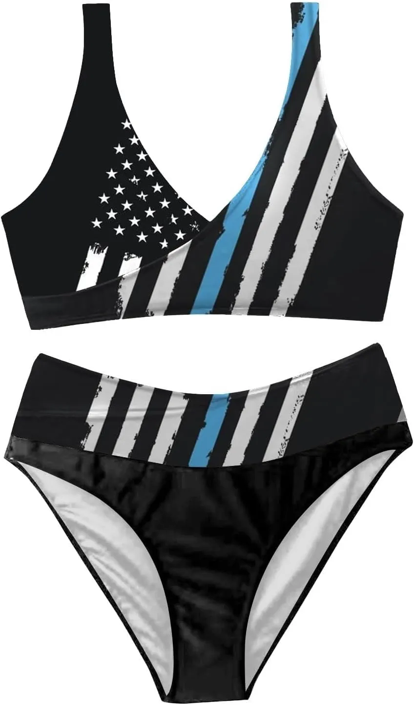 4th of July Women Bikinis Two Piece Set American Flag Print One Piece Bathing Suit Tummy Control Triangle Bikini Thong