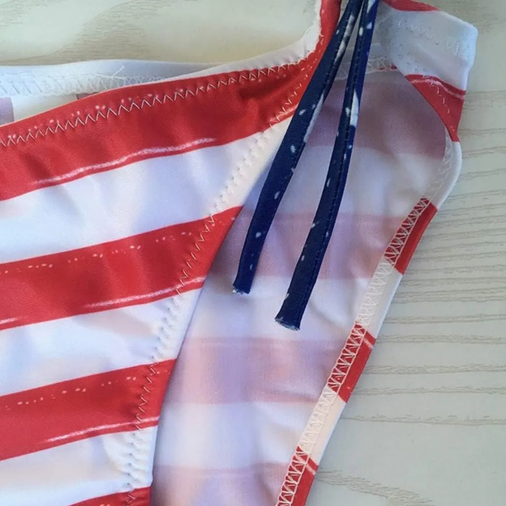 4th of July Women Bikinis Two Piece Set American Flag Print One Piece Bathing Suit Tummy Control Triangle Bikini Thong
