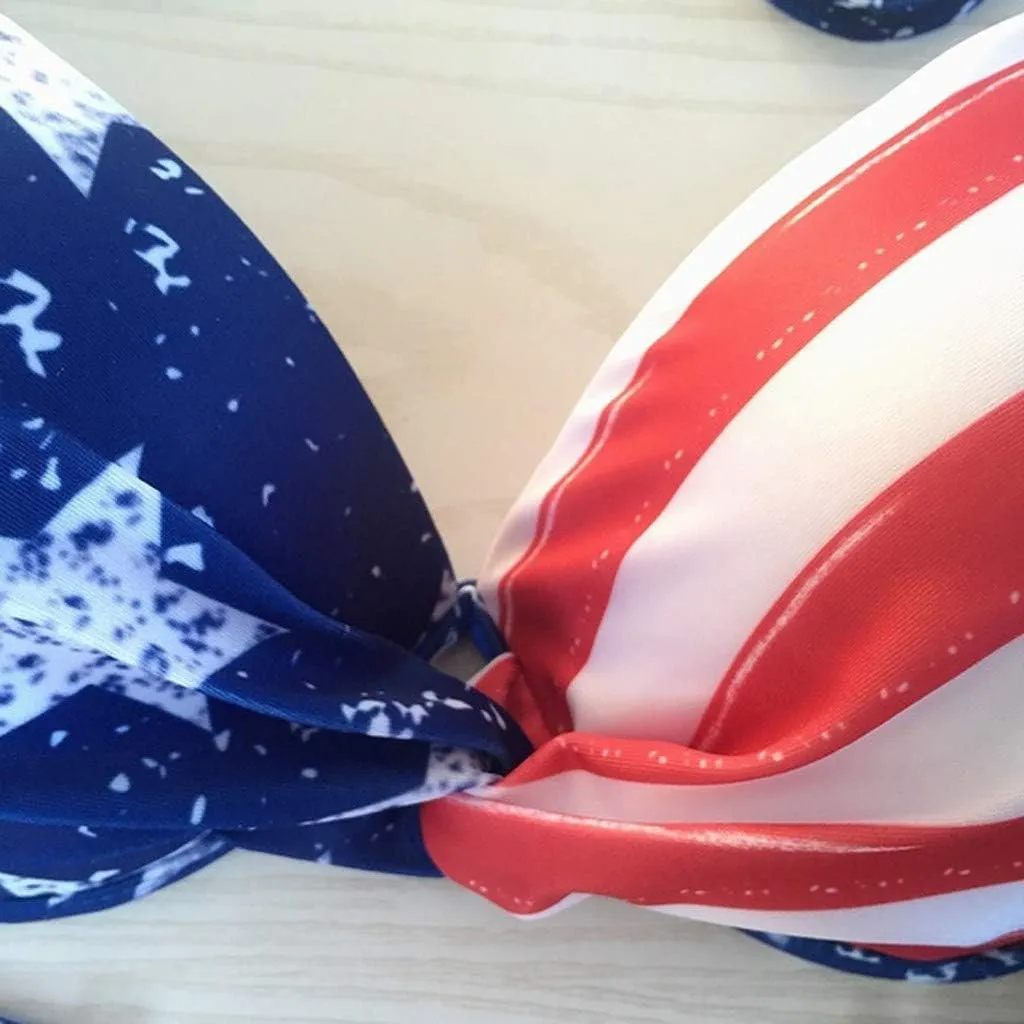 4th of July Women Bikinis Two Piece Set American Flag Print One Piece Bathing Suit Tummy Control Triangle Bikini Thong