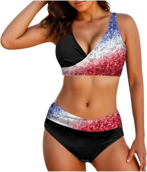 4th of July Women Bikinis Two Piece Set American Flag Print One Piece Bathing Suit Tummy Control Triangle Bikini Thong