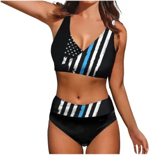 4th of July Women Bikinis Two Piece Set American Flag Print One Piece Bathing Suit Tummy Control Triangle Bikini Thong