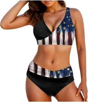 4th of July Women Bikinis Two Piece Set American Flag Print One Piece Bathing Suit Tummy Control Triangle Bikini Thong