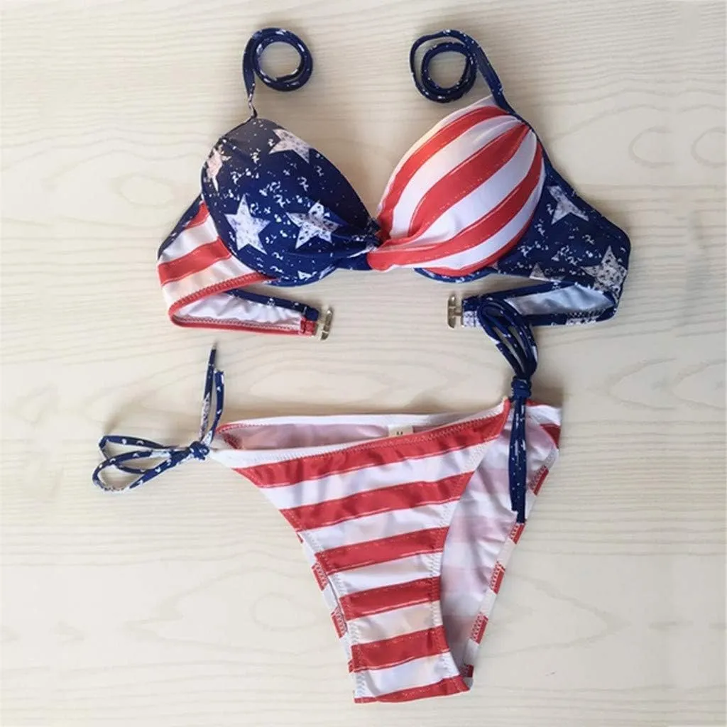 4th of July Women Bikinis Two Piece Set American Flag Print One Piece Bathing Suit Tummy Control Triangle Bikini Thong