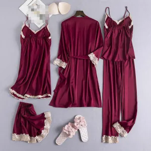 5 Pieces Summer Pajama Suit Sleepwear Girls Sexy Ladies Pajamas Nightgown Silk Satin Women Sleepwear Set with Robe5 قطع بدلة بيجامة صيفية ملابس نوم الفتيات مثير السيدات بيجامة ثوب نوم الحرير الساتان النساء مجموعة ملابس النوم مع رداء