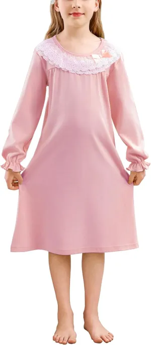ABALACOCO Cotton Nightgown for Girls Short Long Sleeve Pajamas Dress Princess Kids Toddlers Pretty Lace Loose Sleepwear Dress