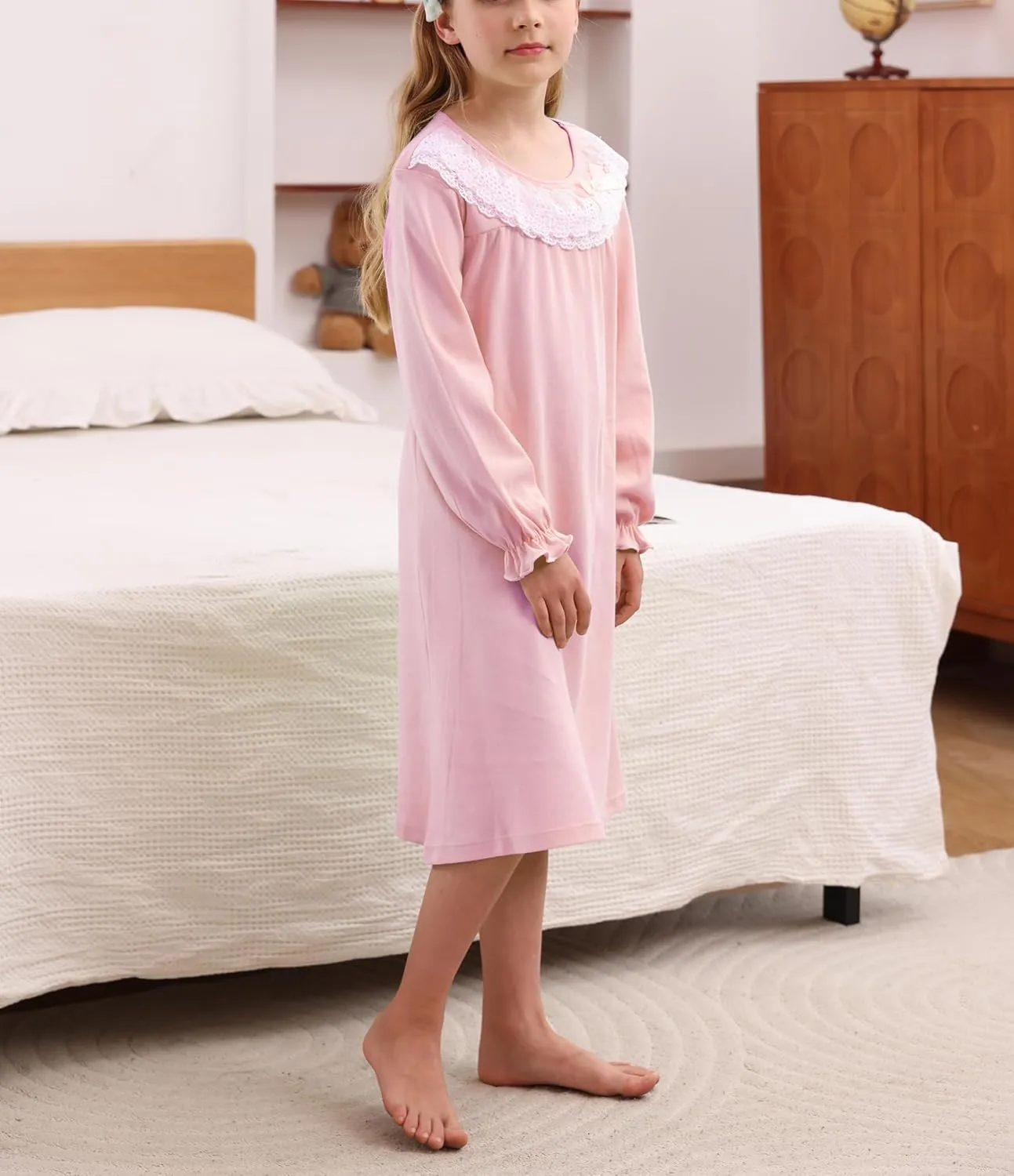 ABALACOCO Cotton Nightgown for Girls Short Long Sleeve Pajamas Dress Princess Kids Toddlers Pretty Lace Loose Sleepwear Dress