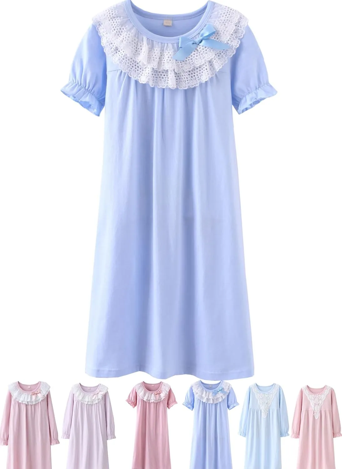 ABALACOCO Cotton Nightgown for Girls Short Long Sleeve Pajamas Dress Princess Kids Toddlers Pretty Lace Loose Sleepwear Dress