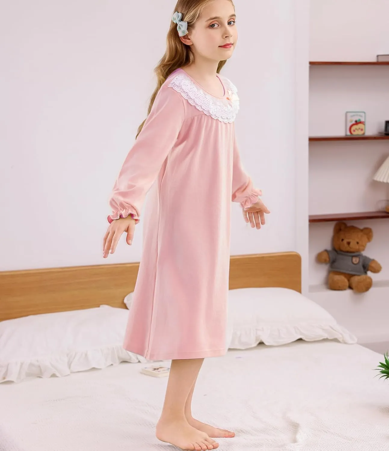 ABALACOCO Cotton Nightgown for Girls Short Long Sleeve Pajamas Dress Princess Kids Toddlers Pretty Lace Loose Sleepwear Dress