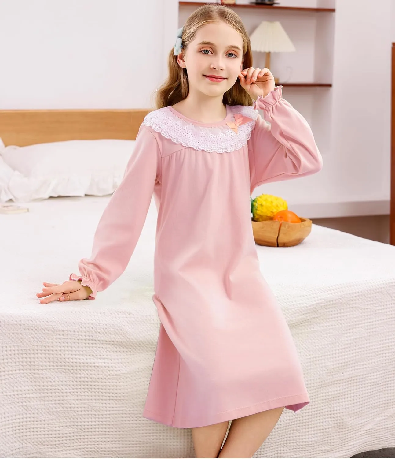 ABALACOCO Cotton Nightgown for Girls Short Long Sleeve Pajamas Dress Princess Kids Toddlers Pretty Lace Loose Sleepwear Dress