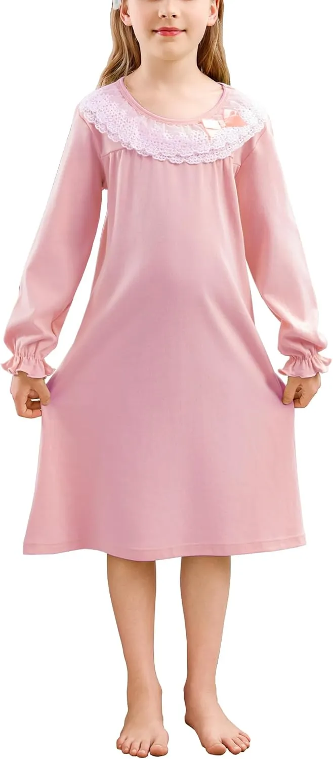 ABALACOCO Cotton Nightgown for Girls Short Long Sleeve Pajamas Dress Princess Kids Toddlers Pretty Lace Loose Sleepwear Dress