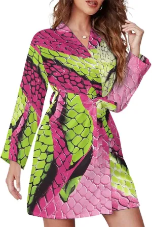 Abstract Snakeskin Snake Skin Pattern Fashion Robes for Women Knee Length Long Sleeved Nightgown Spa Bathrobe Soft Bath Robe
