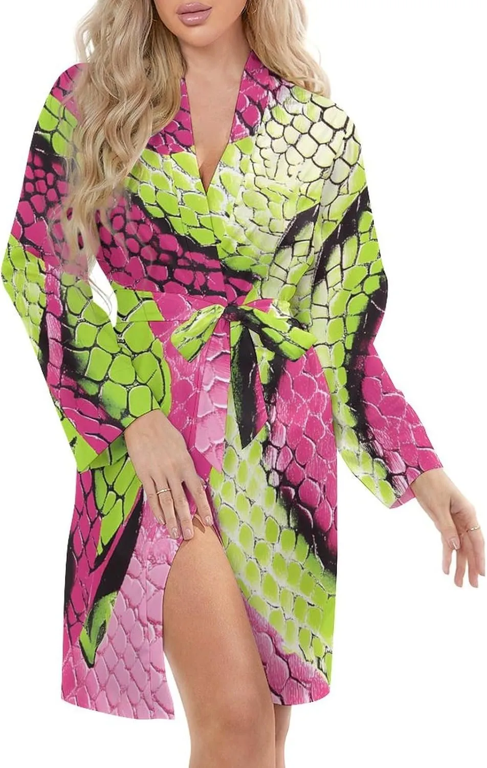 Abstract Snakeskin Snake Skin Pattern Fashion Robes for Women Knee Length Long Sleeved Nightgown Spa Bathrobe Soft Bath Robe
