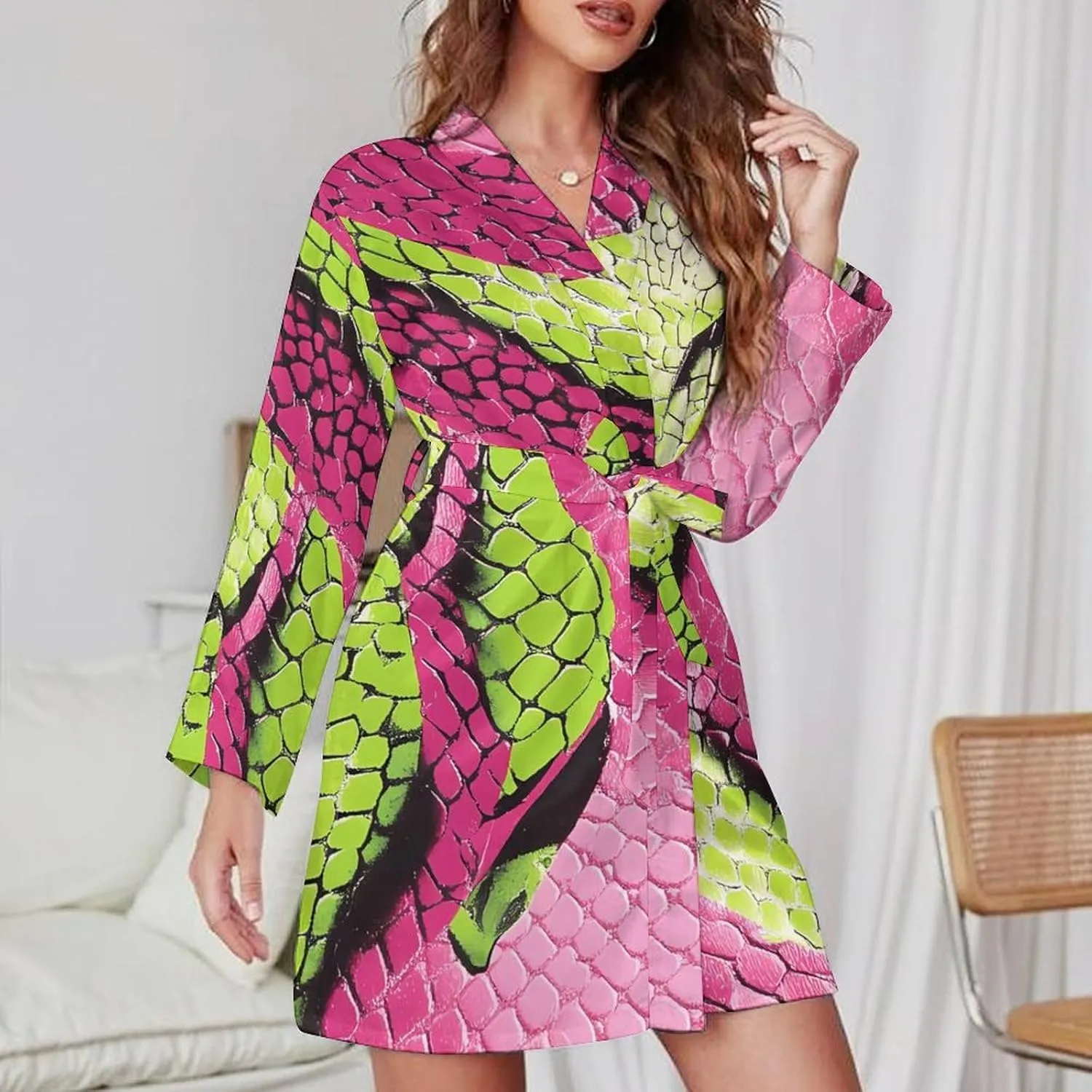 Abstract Snakeskin Snake Skin Pattern Fashion Robes for Women Knee Length Long Sleeved Nightgown Spa Bathrobe Soft Bath Robe