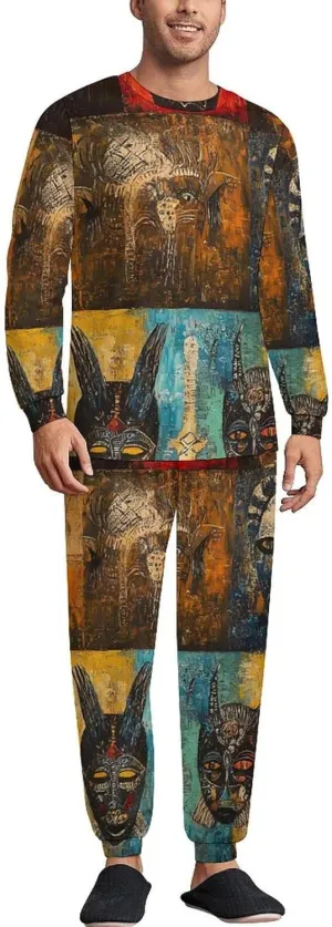 African Masks Soft Mens Pajamas Set Round Neck Pullover Long Sleeve And Pants Loungewear 2 Piece Pjs Set