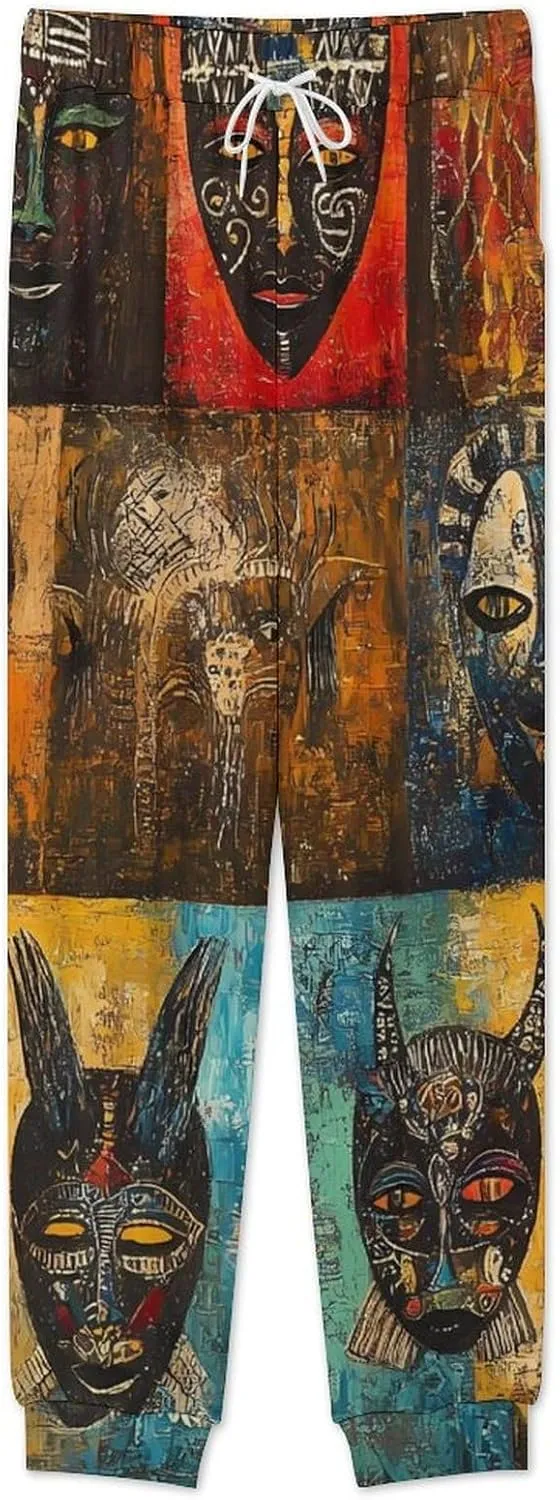 African Masks Soft Mens Pajamas Set Round Neck Pullover Long Sleeve And Pants Loungewear 2 Piece Pjs Set