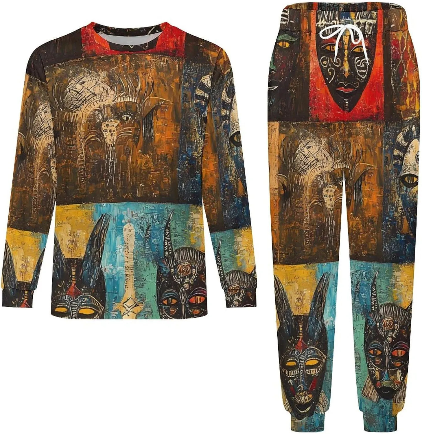 African Masks Soft Mens Pajamas Set Round Neck Pullover Long Sleeve And Pants Loungewear 2 Piece Pjs Set