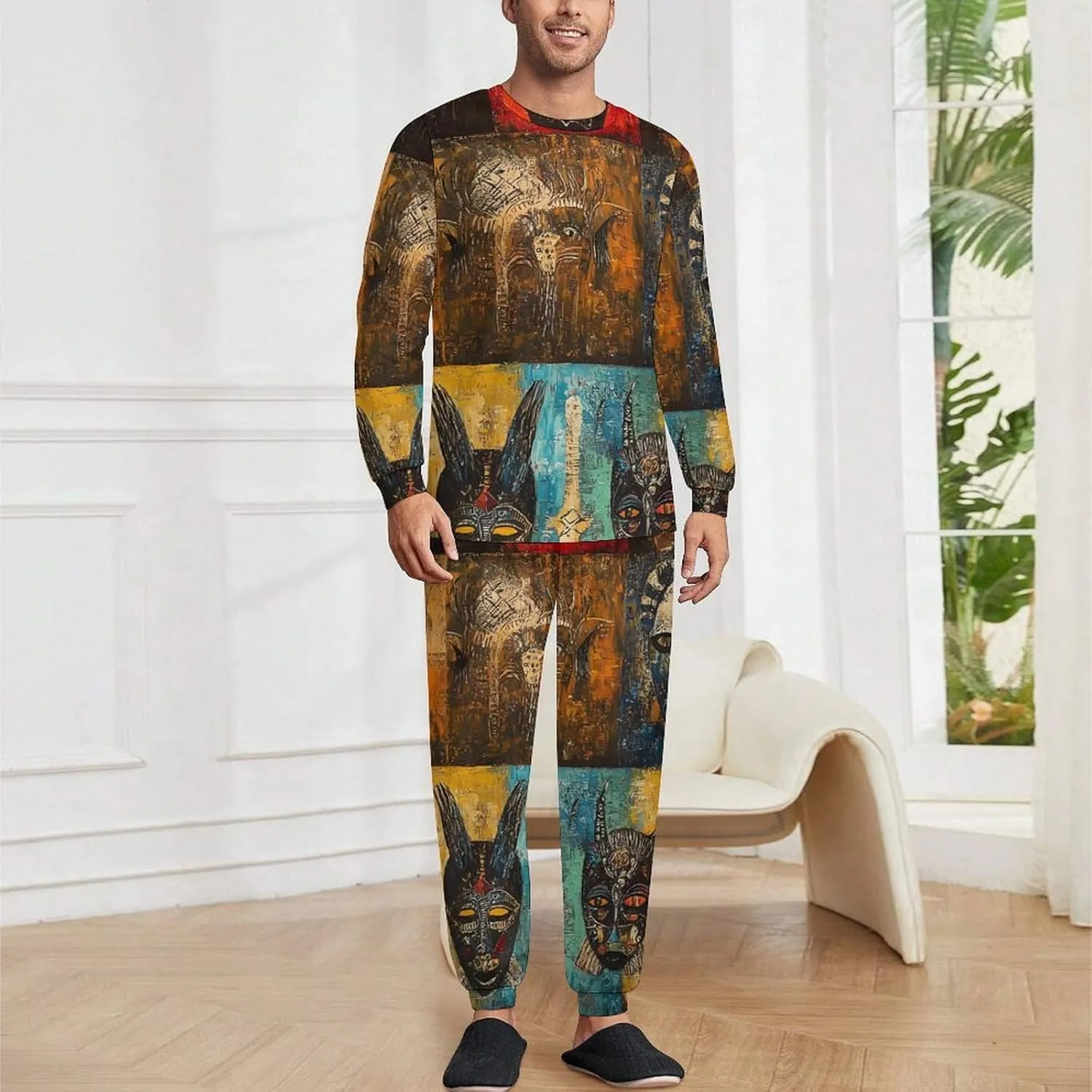 African Masks Soft Mens Pajamas Set Round Neck Pullover Long Sleeve And Pants Loungewear 2 Piece Pjs Set