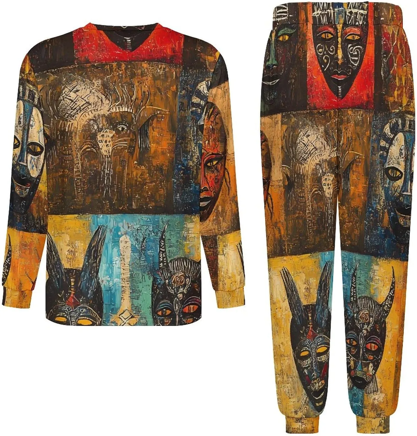 African Masks Soft Mens Pajamas Set Round Neck Pullover Long Sleeve And Pants Loungewear 2 Piece Pjs Set