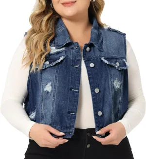 Agnes Orinda Plus Size Denim Vest for Women Sleeveless Button Jean Crop Denim Jacket Vest